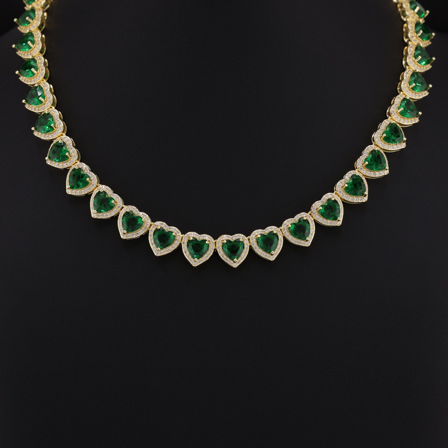 Emerald Heart Diamond Clustered Tennis Necklace - Gold