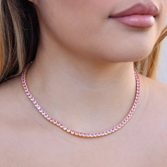 4mm Pink Diamond Tennis Necklace - Gold