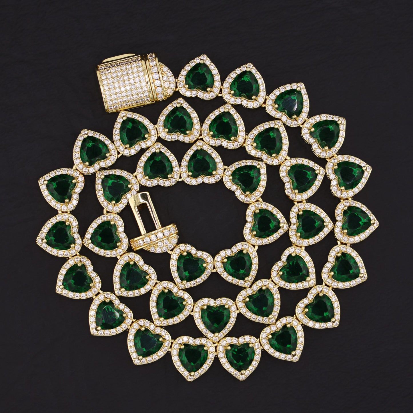 Emerald Heart Diamond Clustered Tennis Necklace - Gold