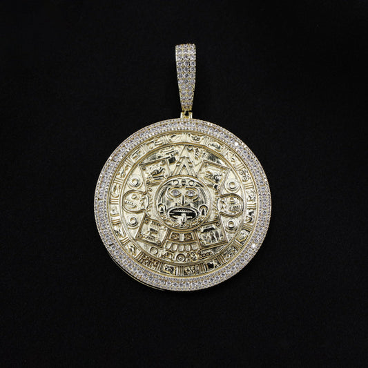 Big Iced Aztec Calender Pendant - Gold