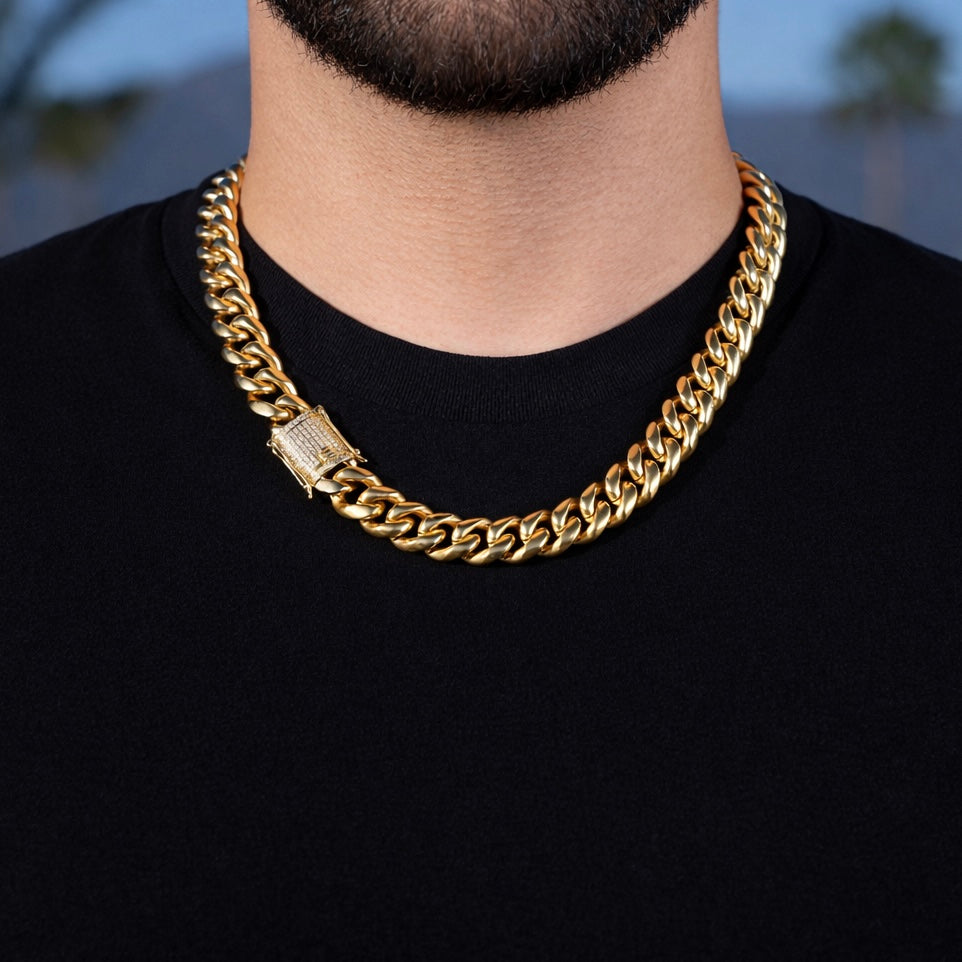 14mm Miami Cuban Chain (Iced Out Clasp) - Gold
