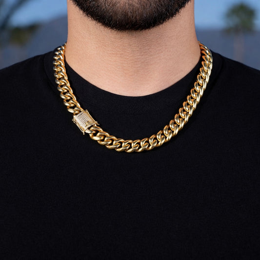 14mm Miami Cuban Chain (Iced Out Clasp) - Gold