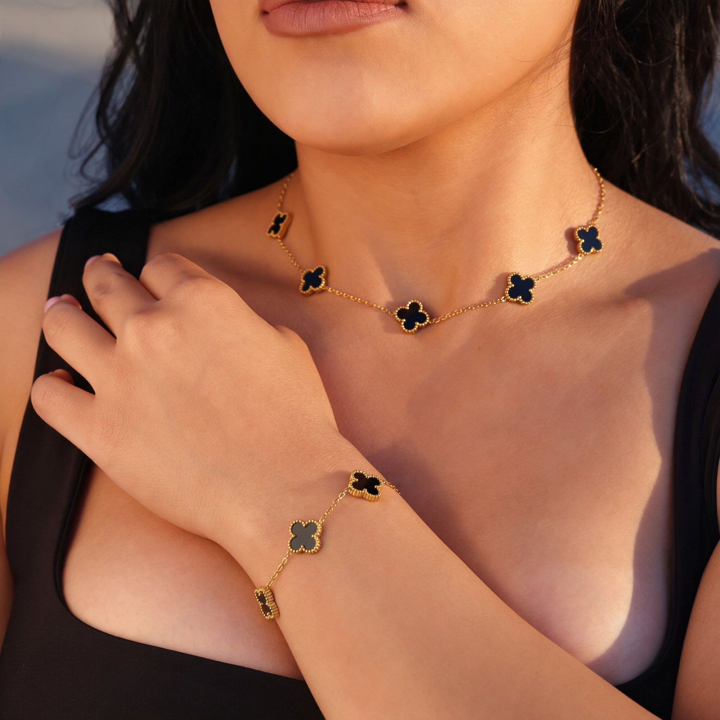 Black Clover Necklace + Bracelet Bundle - Gold