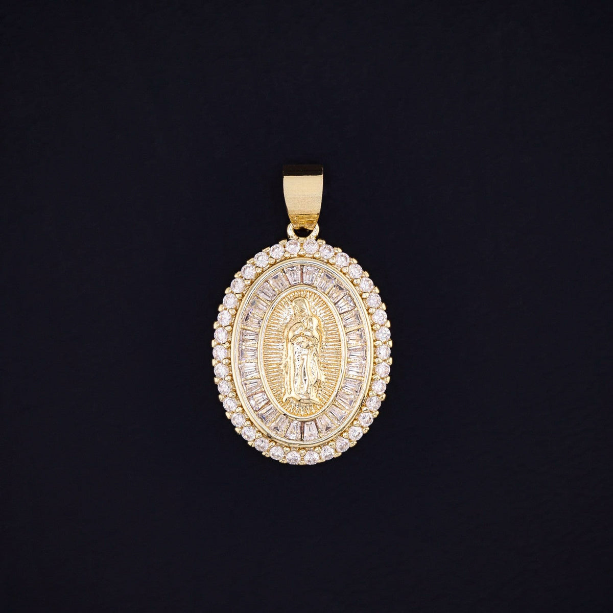 Iced Oval Baguette Virgin Mary Necklace - Gold