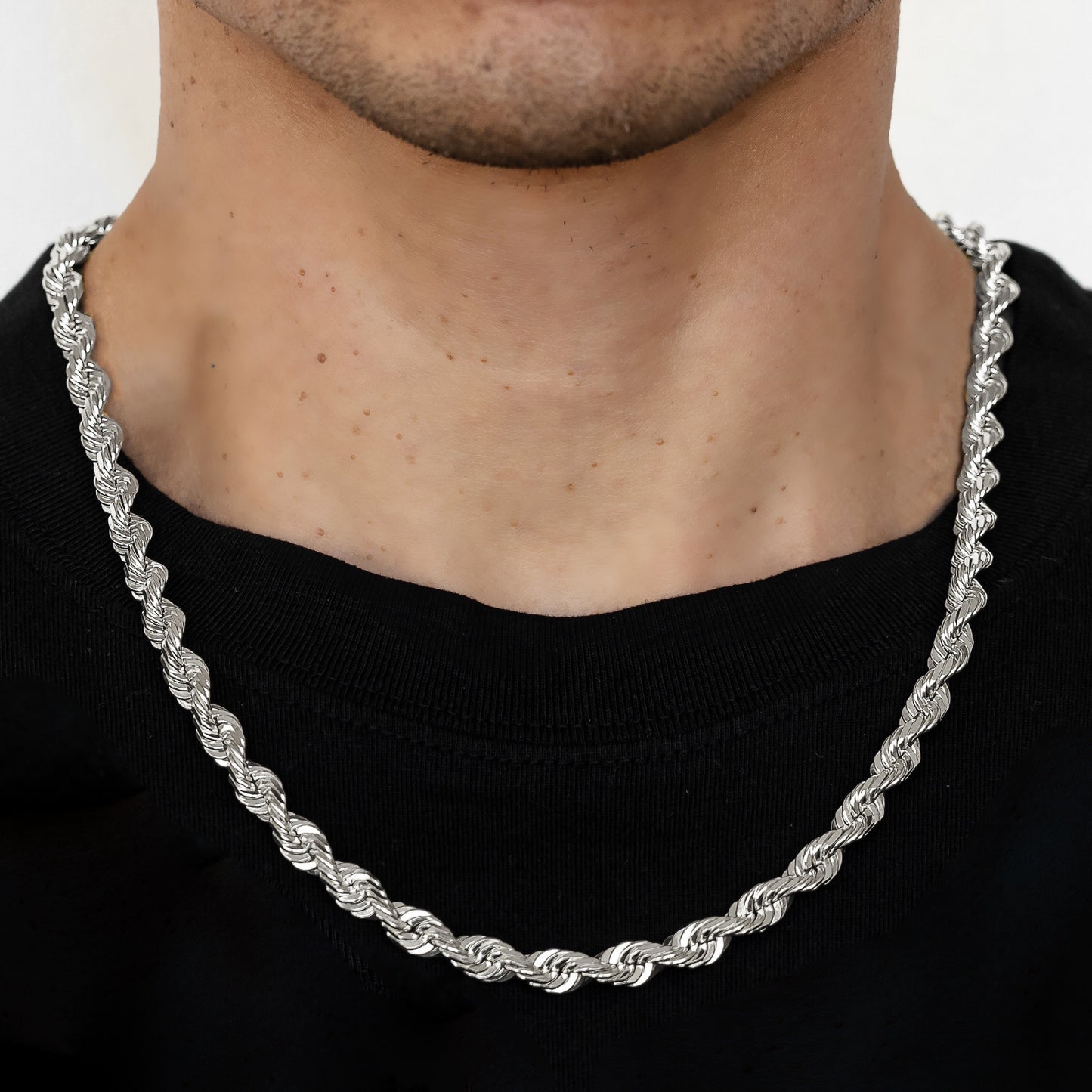 7mm Solid Diamond Cut Rope Chain - 14k White Gold