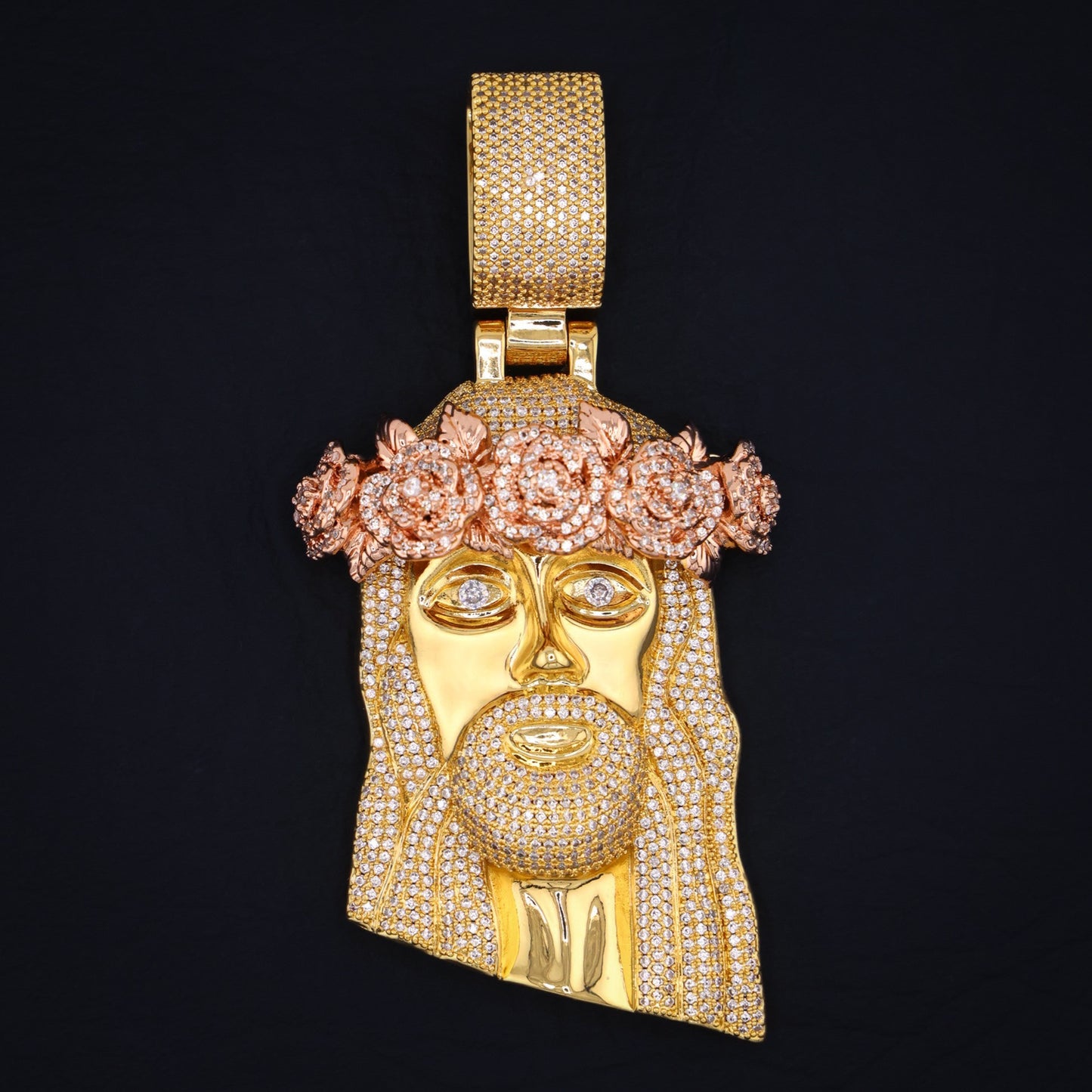 Big Rose Gold Crown Jesus Pendant - Gold