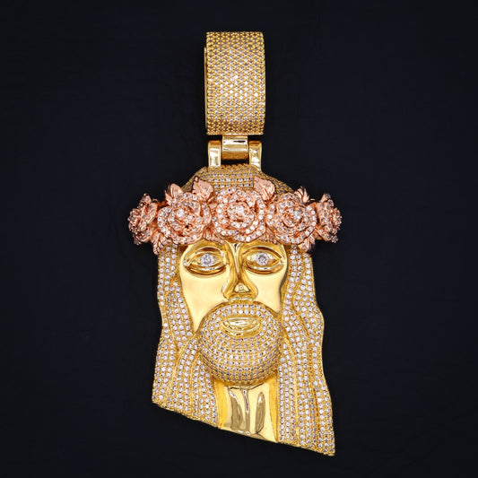 Big Rose Gold Crown Jesus Pendant - Gold