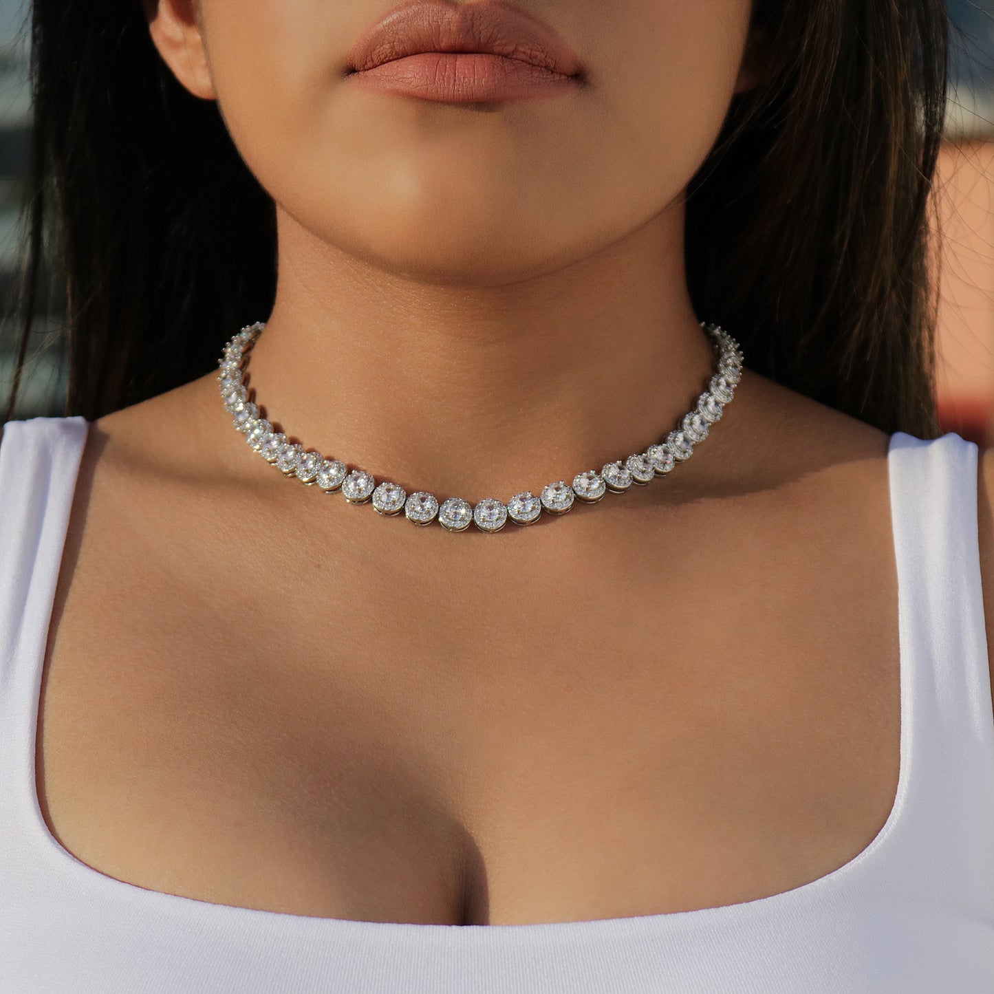 Round Clustered Tennis Necklace - White Gold