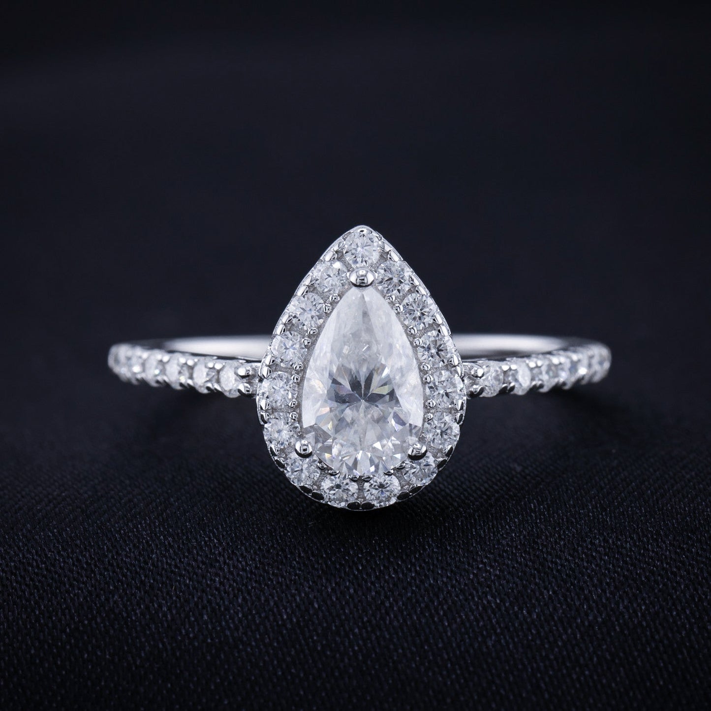 1ct Moissanite Pear Cut Halo Ring - 925 Silver