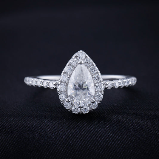 1ct Moissanite Pear Cut Halo Ring - 925 Silver