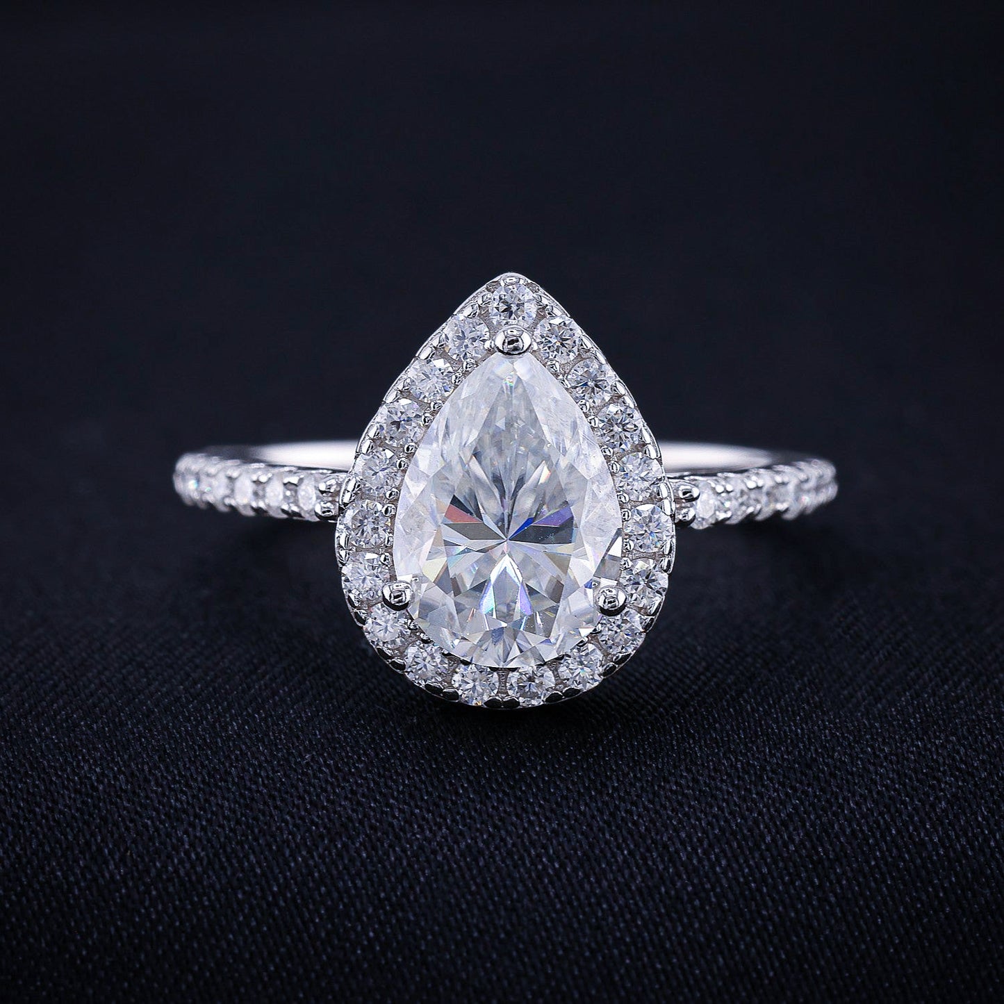 2ct Moissanite Pear Cut Halo Ring - 925 Silver