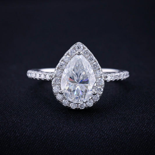 2ct Moissanite Pear Cut Halo Ring - 925 Silver