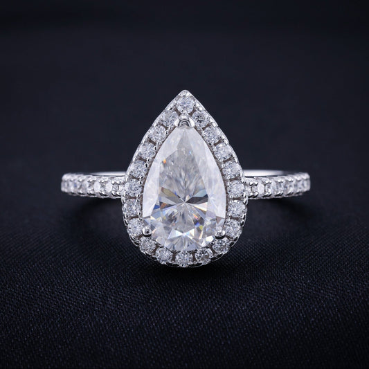 4ct Moissanite Pear Cut Halo Ring - 925 Silver