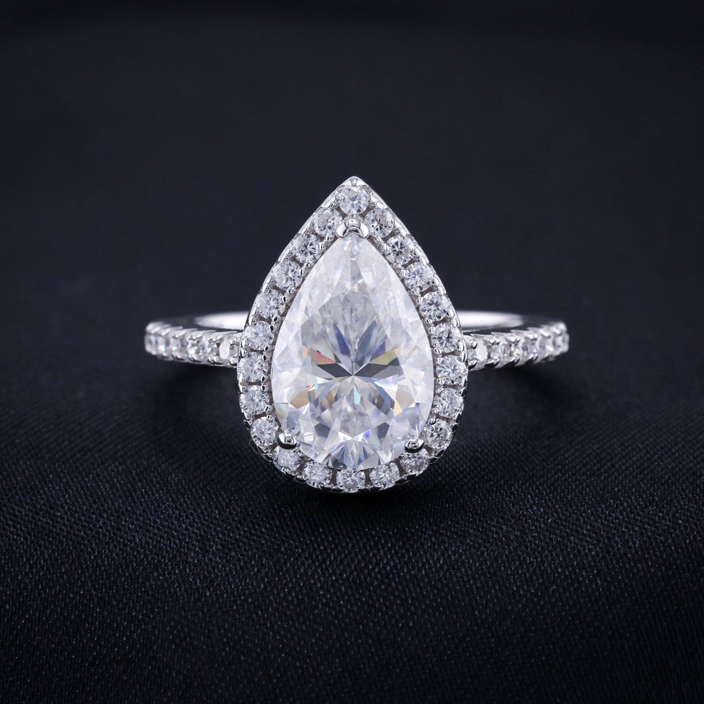 3ct Moissanite Pear Cut Halo Ring - 925 Silver