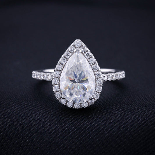 3ct Moissanite Pear Cut Halo Ring - 925 Silver
