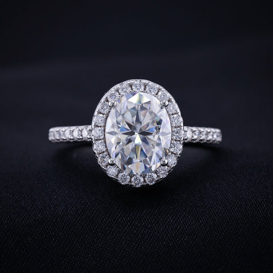 3ct Moissanite Oval Cut Halo Ring - 925 Silver