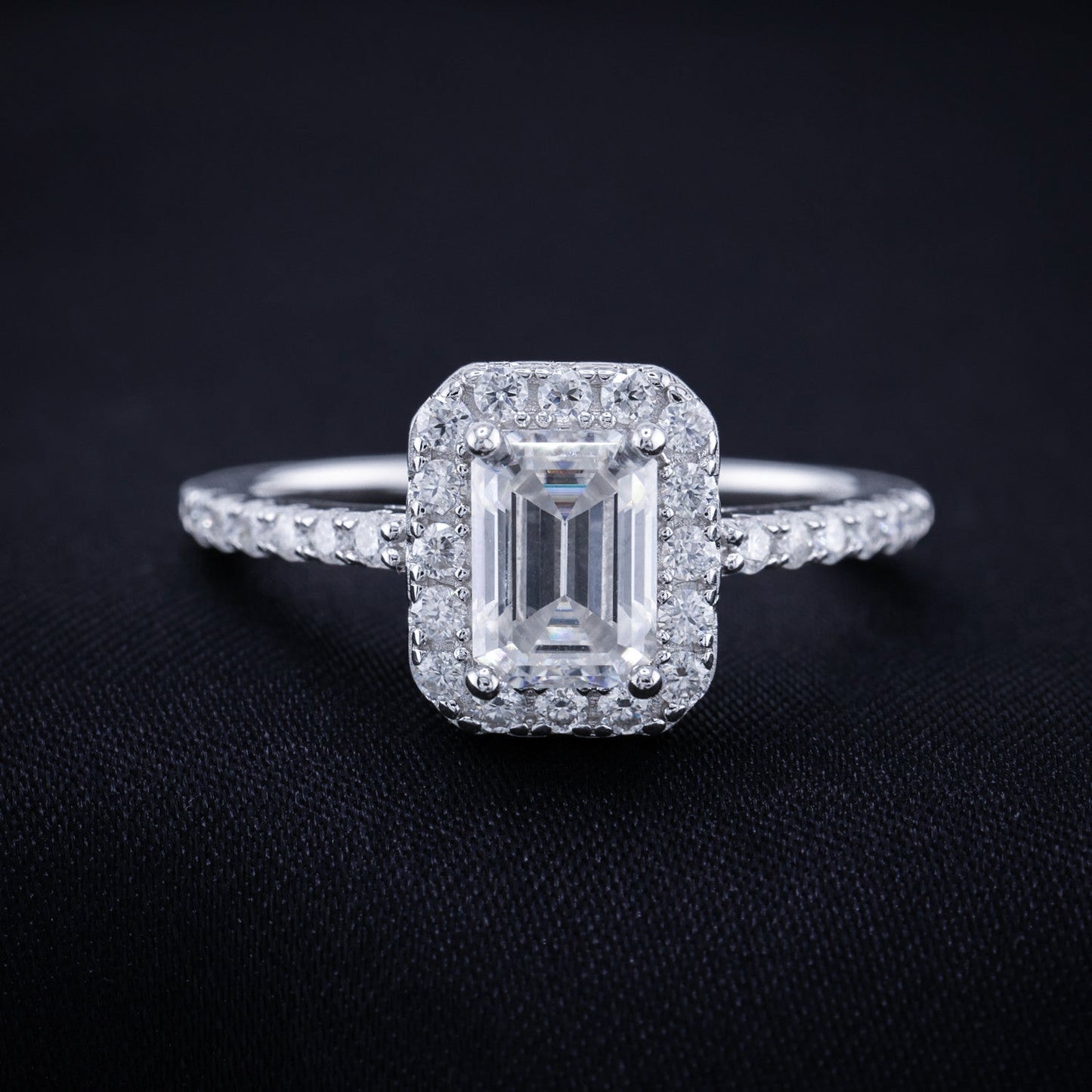 2ct Moissanite Emerald Cut Halo Ring - 925 Silver