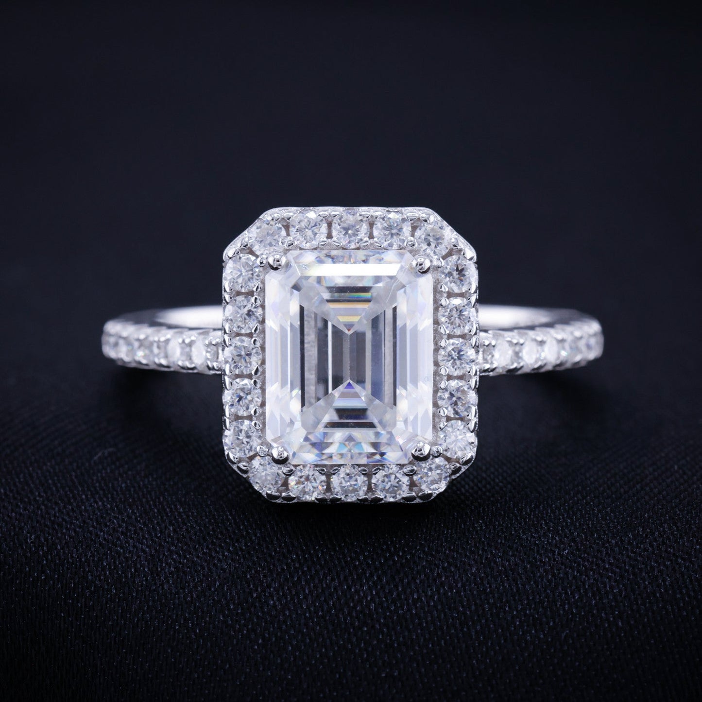 3ct Moissanite Emerald Cut Halo Ring - 925 Silver