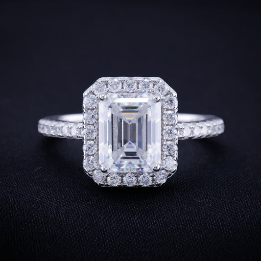 3ct Moissanite Emerald Cut Halo Ring - 925 Silver