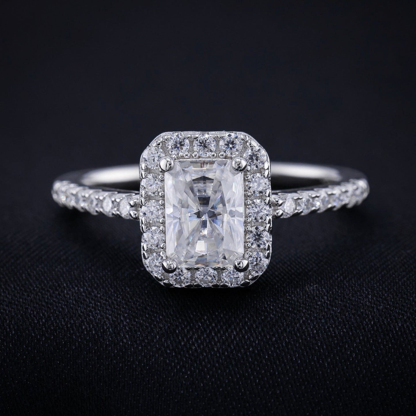 1ct Moissanite Radiant Cut Halo Ring - 925 Silver