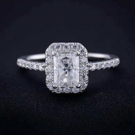 1ct Moissanite Radiant Cut Halo Ring - 925 Silver