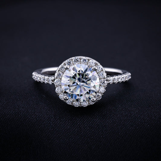 1ct Moissanite Round Brilliant Cut Halo Ring - 925 Silver