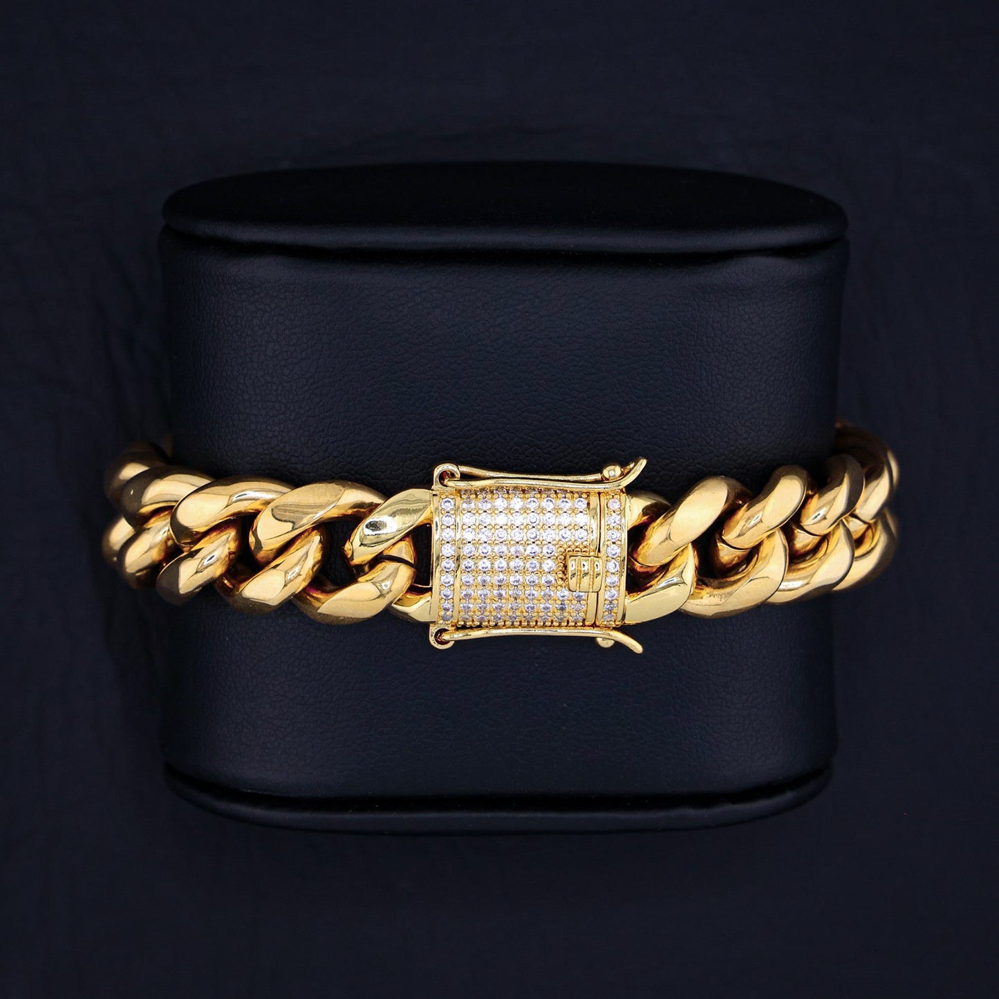 14mm Miami Cuban Bracelet (Iced Out Clasp) - Gold