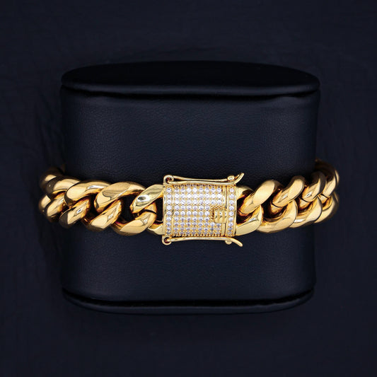 14mm Miami Cuban Bracelet (Iced Out Clasp) - Gold