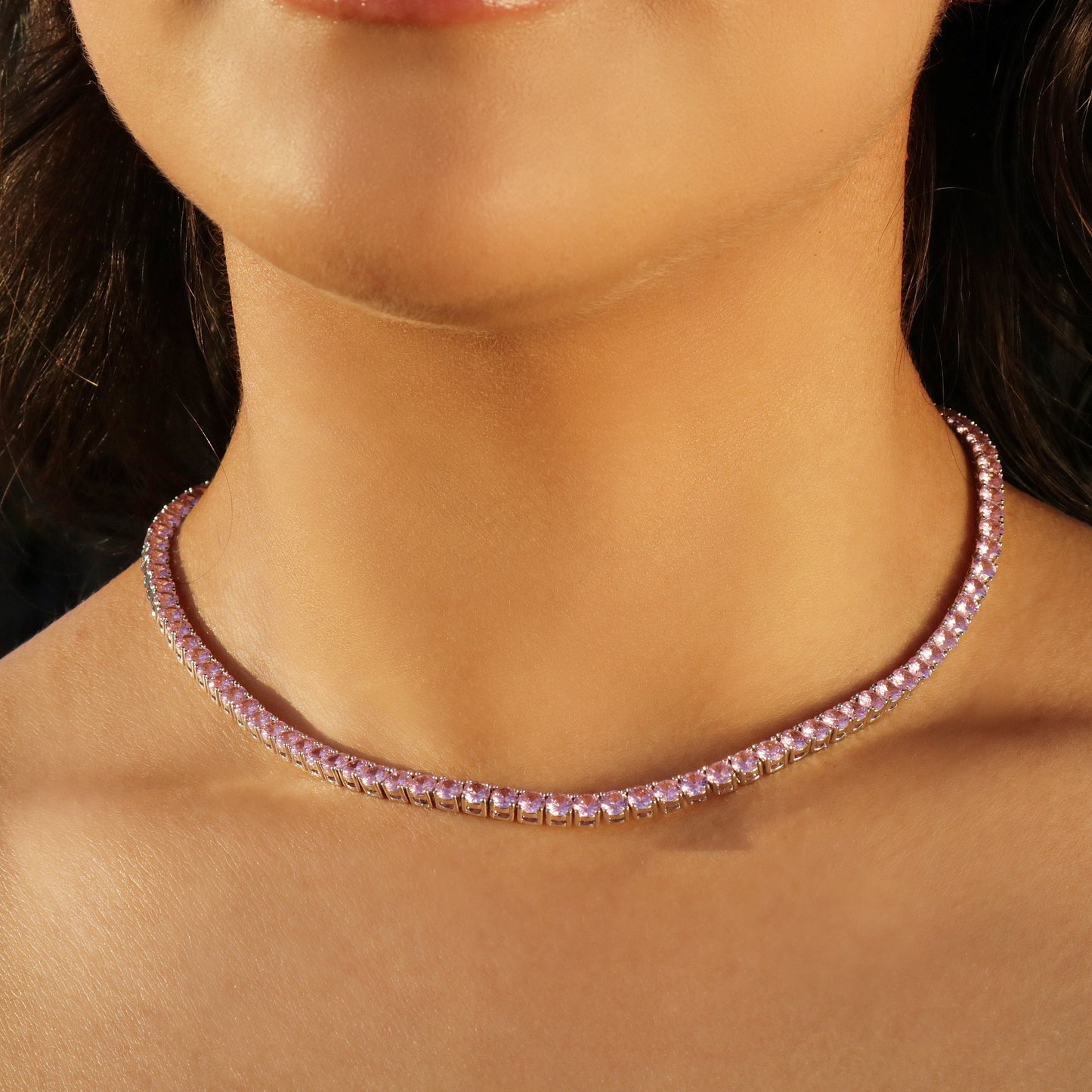 4mm Pink Diamond Tennis Necklace - White Gold