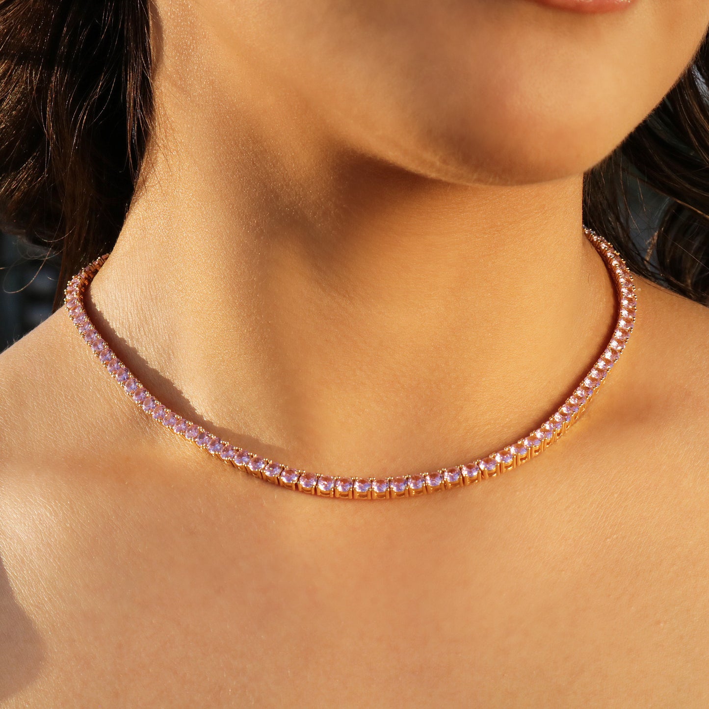 Pink Diamond Tennis Necklace (4mm) - Gold