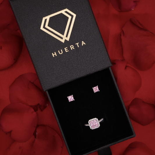 Iced Pink Princess Cut Ring + Earrings Set - 925 Silver