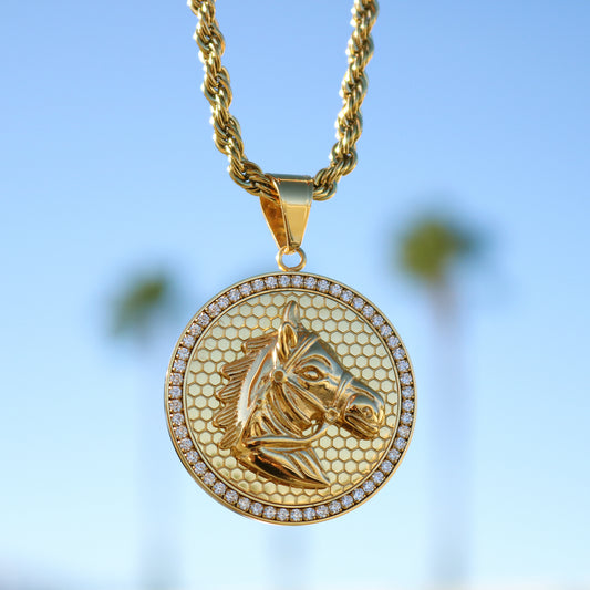 Iced Horse Medallion Pendant - Gold