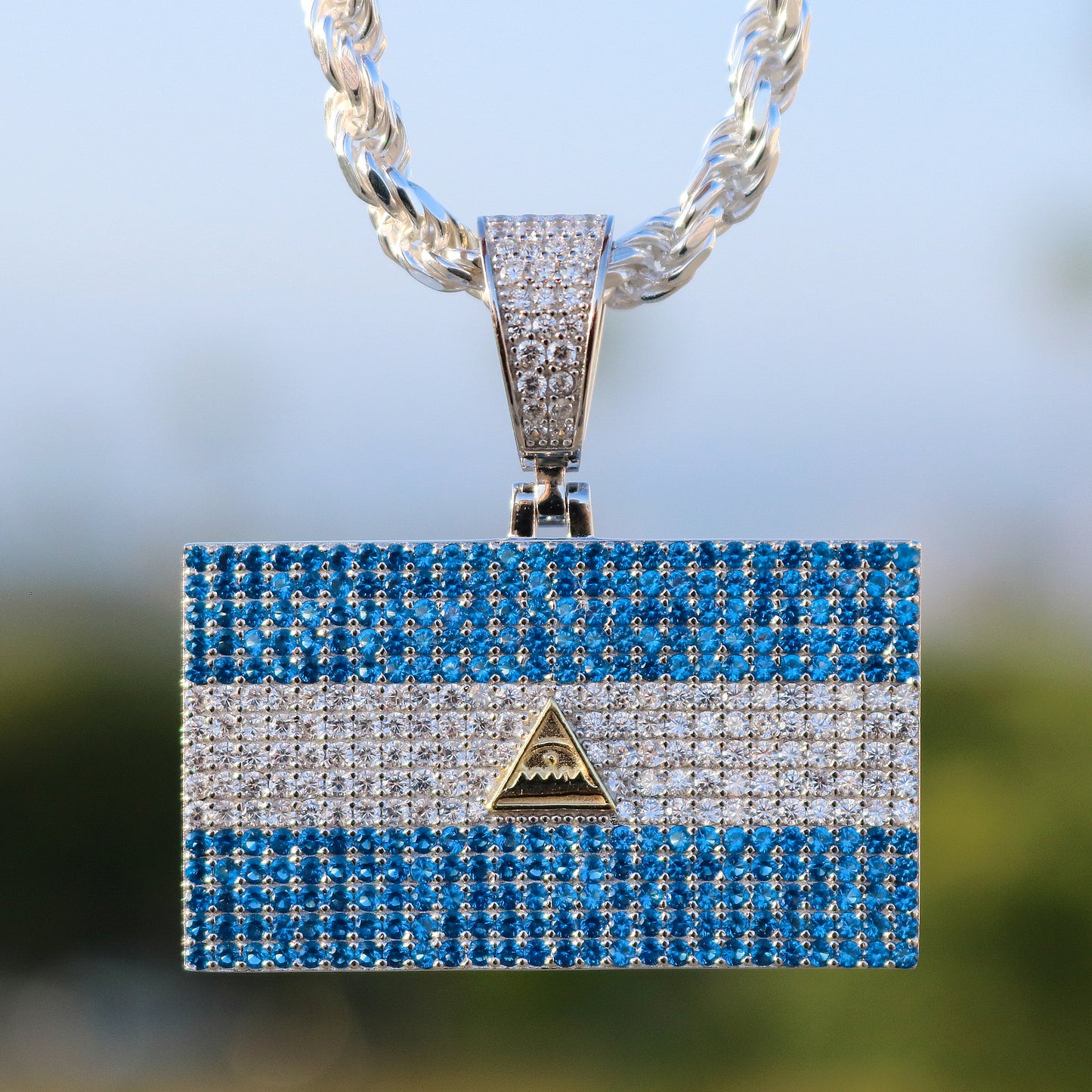 Iced out Nicaragua Flag Pendant - 925 Silver