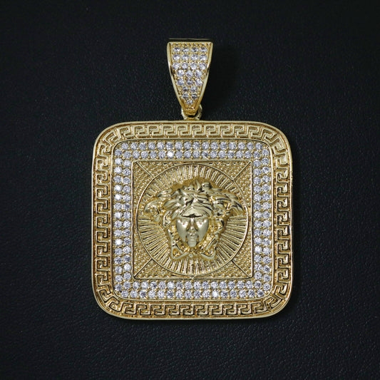 Iced Medusa Square Greek Pendant - Gold