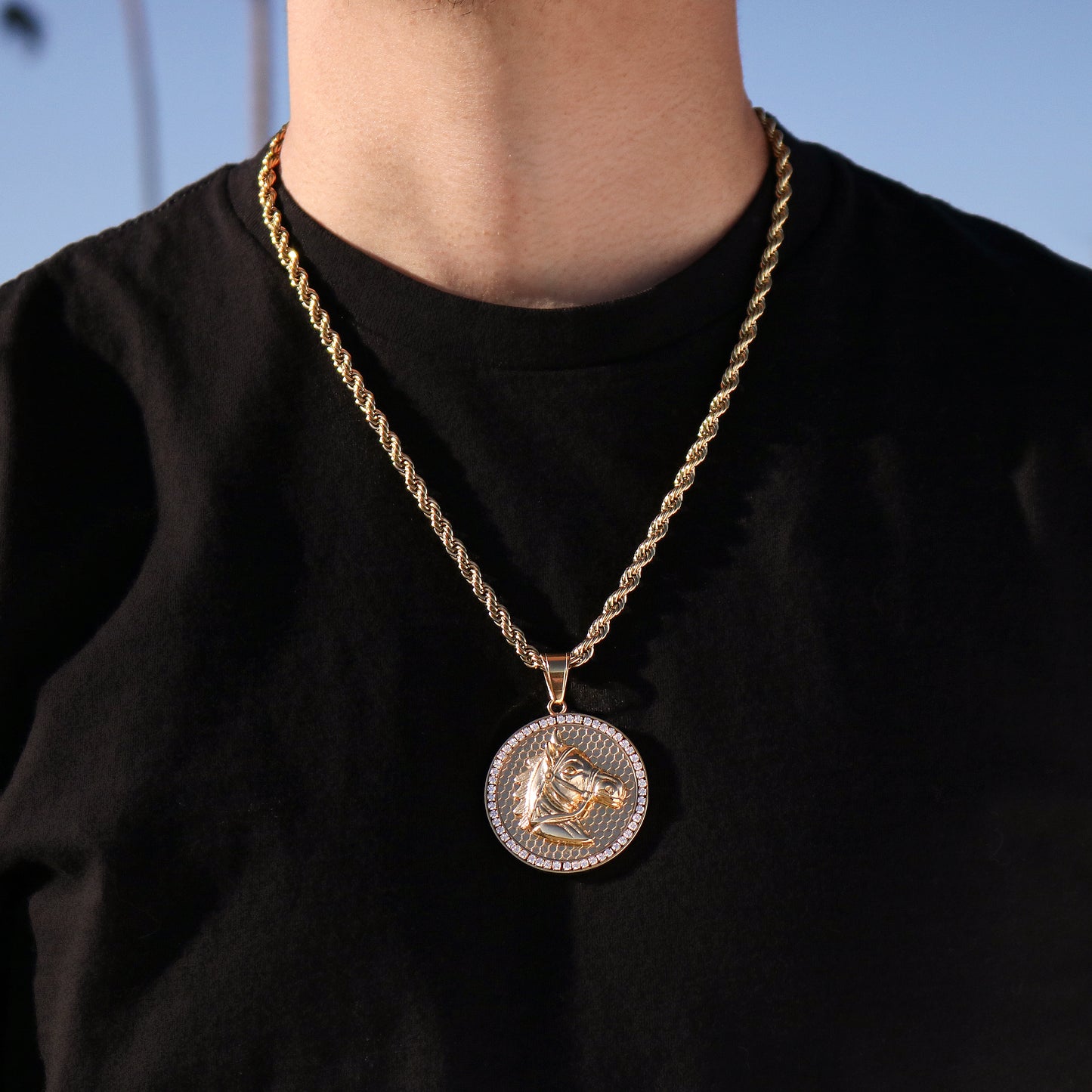 Iced Horse Medallion Pendant - Gold