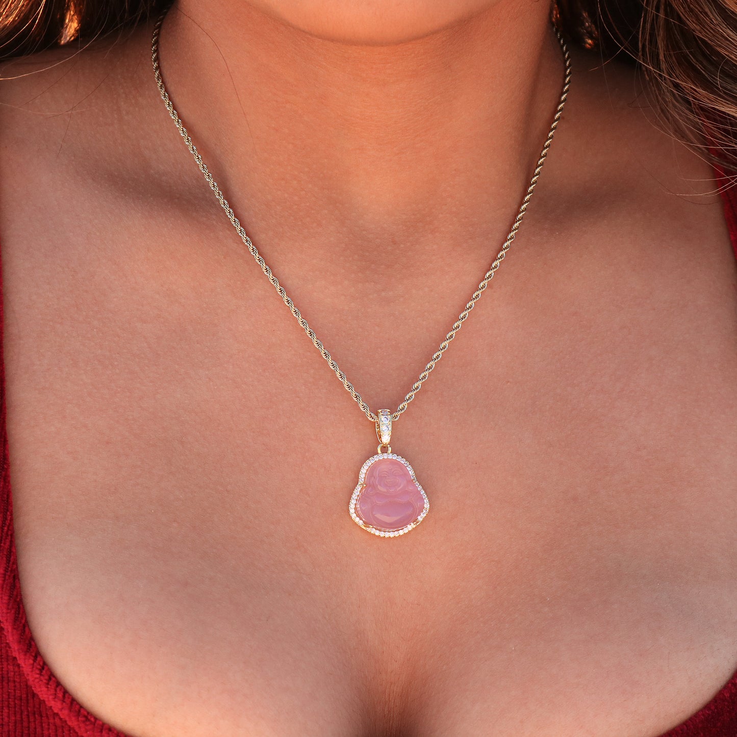 Iced Pink Buddha Necklace - Gold