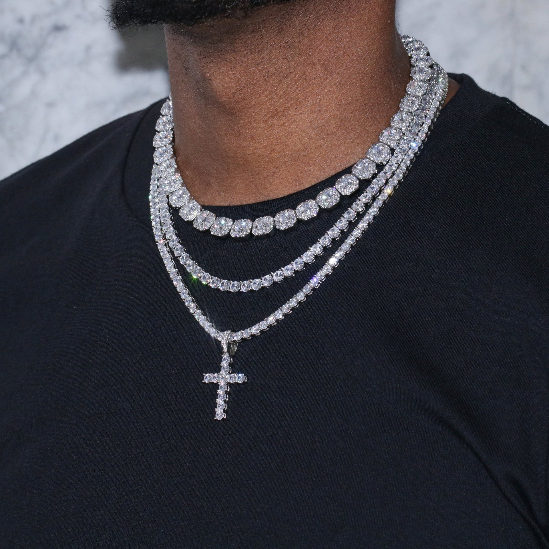 Clustered Tennis Cross Layered Bundle White Gold – Huerta Jewelry - Main Image