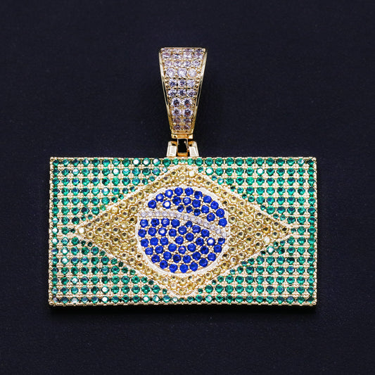 Iced out Brazil Flag Pendant - Gold