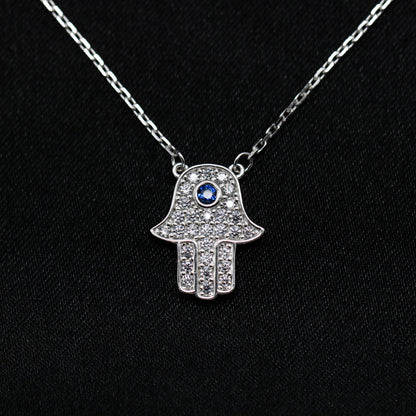 Iced Hamsah with Blue stone Necklace - 925 Silver