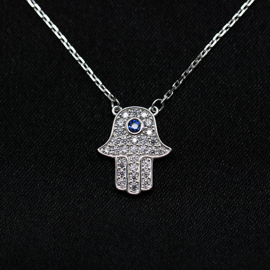 Iced Hamsah with Blue stone Necklace - 925 Silver