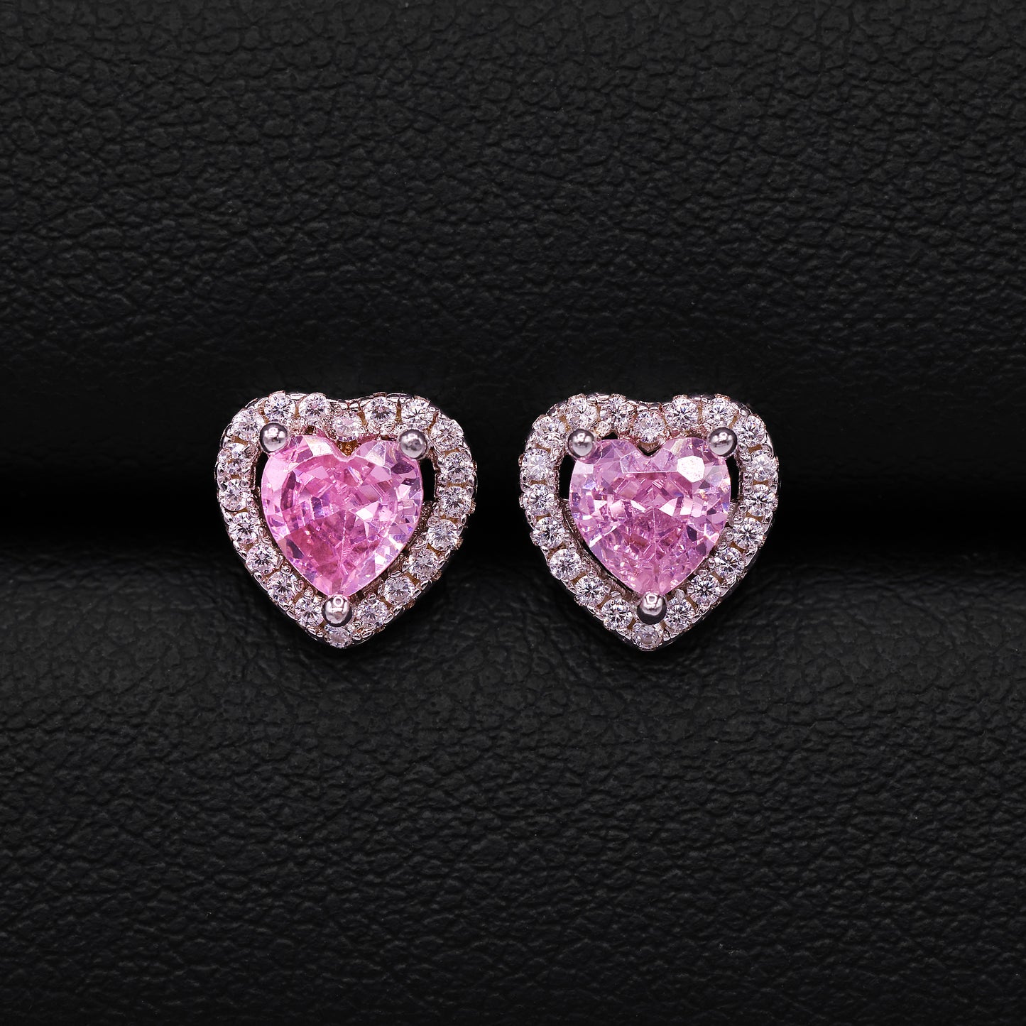Pink Heart Halo Stud Earrings - 925 Silver