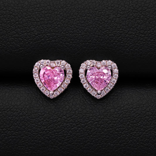 Pink Heart Halo Stud Earrings - 925 Silver