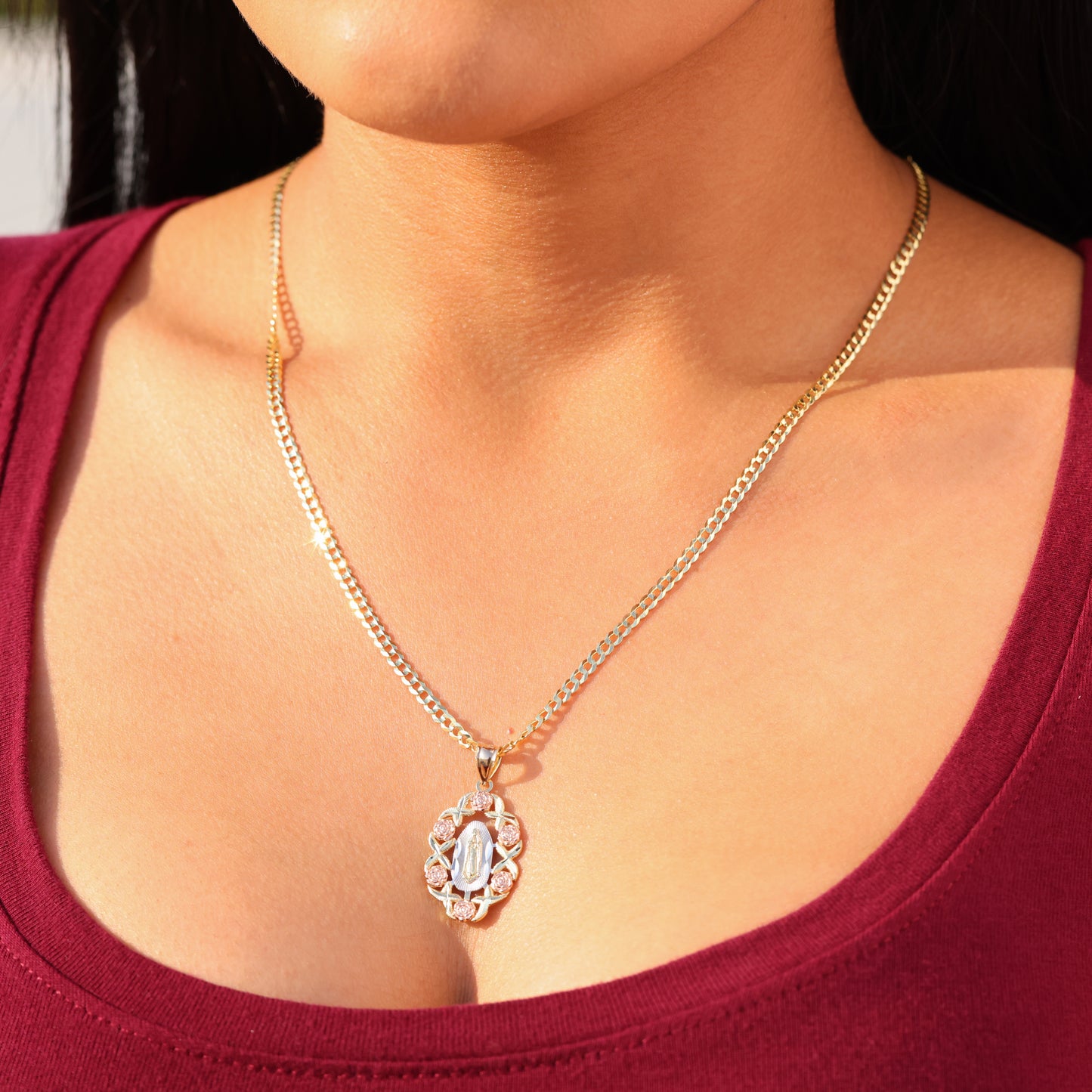 Rose Virgin Mary 3-Tone Pendant - 10k Gold