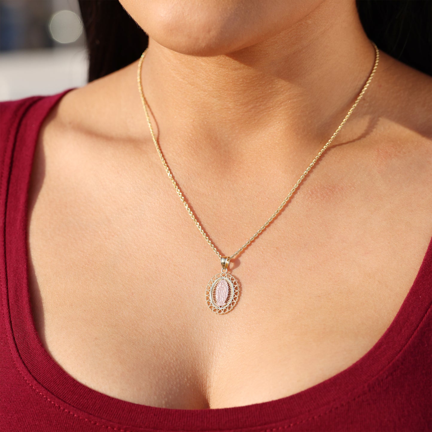 Heart Bezel Virgin Mary 2-Tone Pendant - 10k Gold