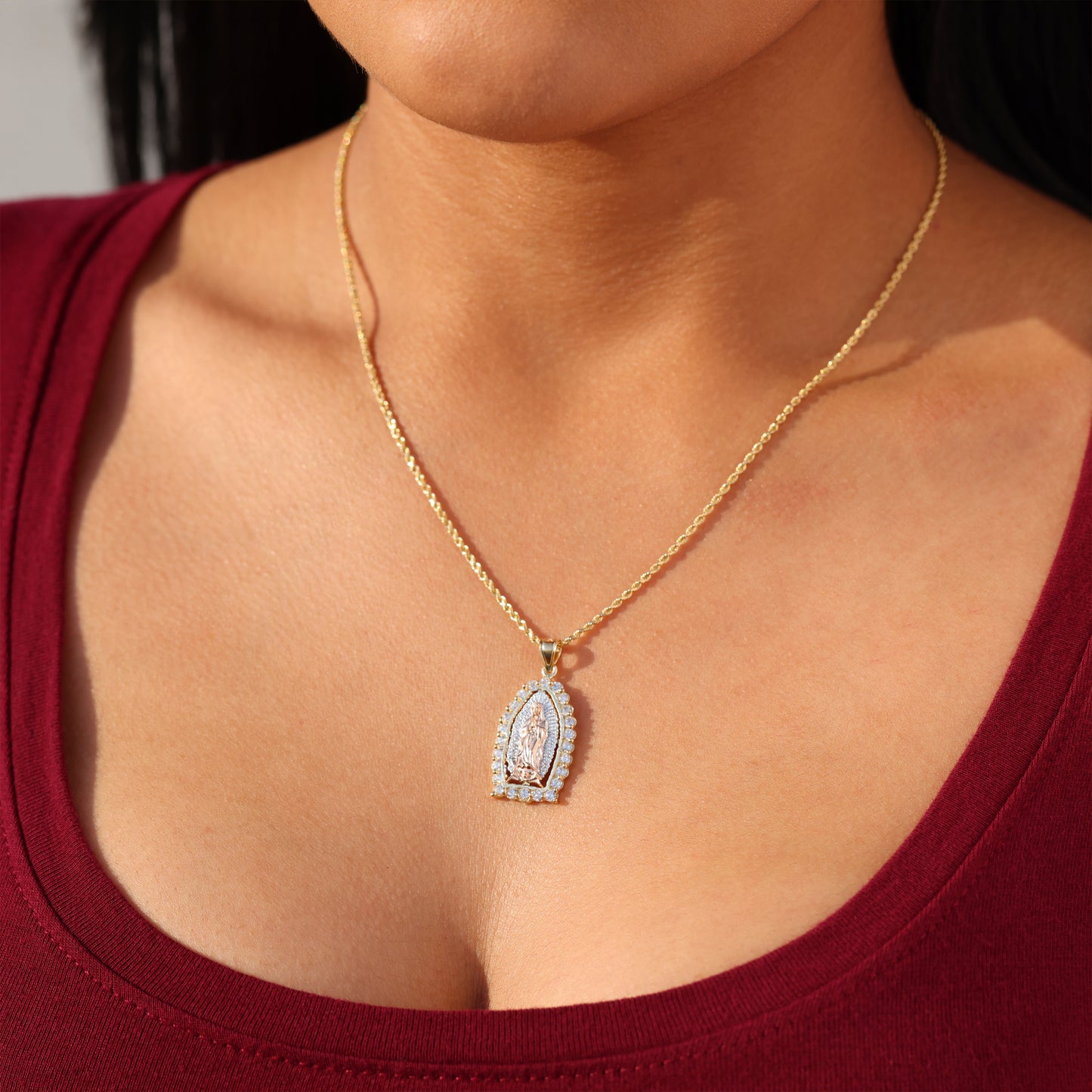 Iced Virgin Mary 3-Tone Pendant - 10k Gold