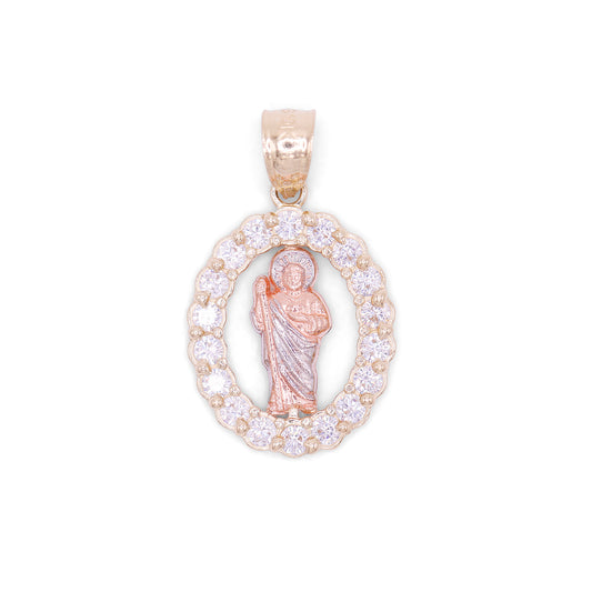 Iced Oval San Judas 3-Tone Pendant - 10k Gold