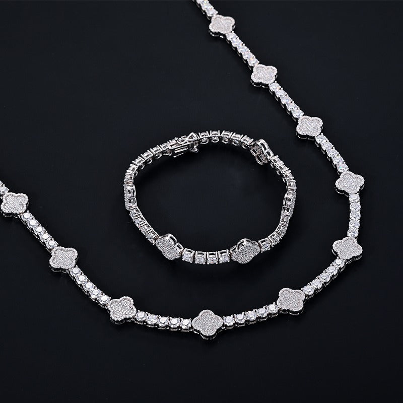 4mm Moissanite Clover Tennis Necklace + Bracelet Bundle - 925 Silver
