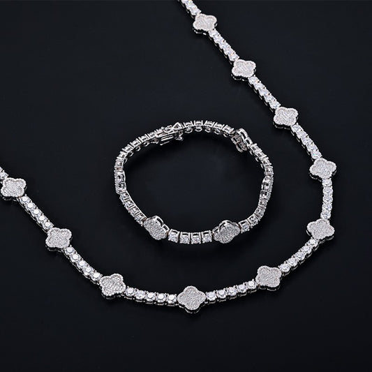4mm Moissanite Clover Tennis Necklace + Bracelet Bundle - 925 Silver
