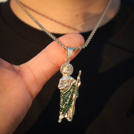 San Judas with Green Stones Pendant - Gold