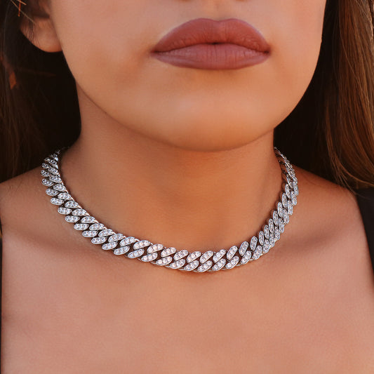 12mm Iced Out Miami Cuban Necklace - White Gold